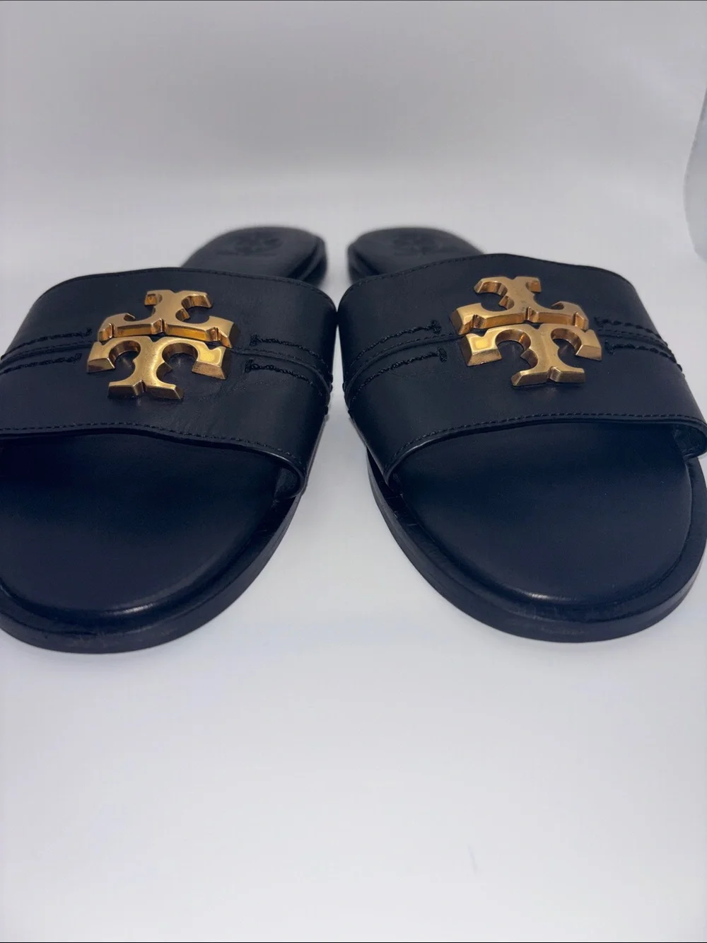 Tory Burch Black Leather Slide Sandals with Gold Logo